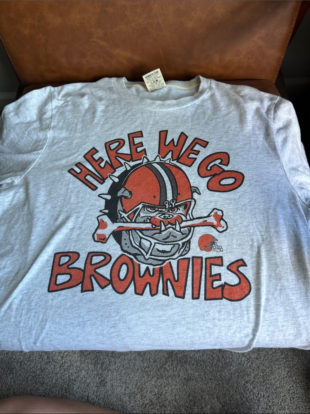 HOMAGE White Tee with Orange and Black 'Here We Go Brownies' Graphic